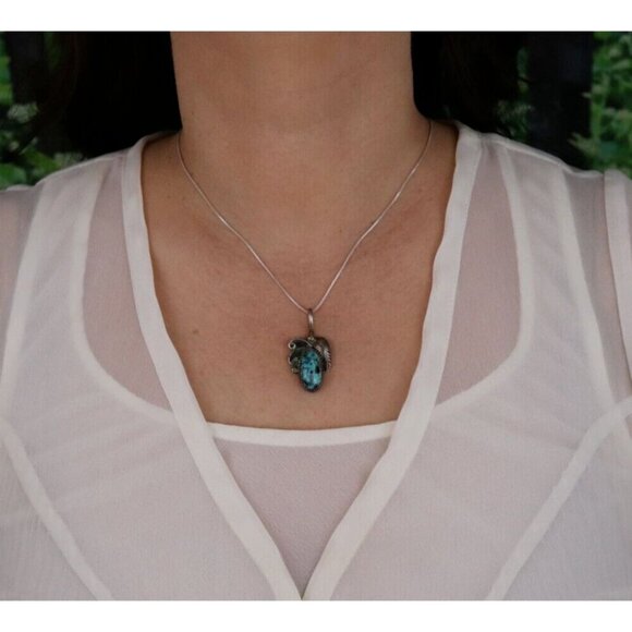 Pendant Only Sterling Silver Robert Chee Natural Turquoise Pendant 1 1/2" x 3/4" - Picture 4 of 6